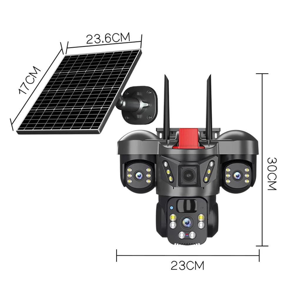Cámara de vigilancia solar 8K 15MP con tres pantallas, WiFi, seguimiento automático, PTZ, tarjeta SIM 4G, cámara IP solar inalámbrica V380 Pro