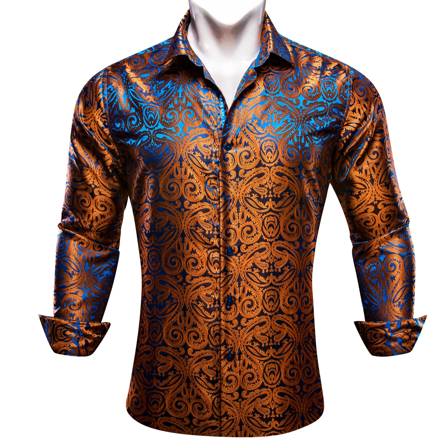 Camisas de seda de diseño para hombre en azul, dorado, verde, rojo, blanco y negro. Estampado cachemir bordado. Corte ajustado. Blusas casuales de manga larga.