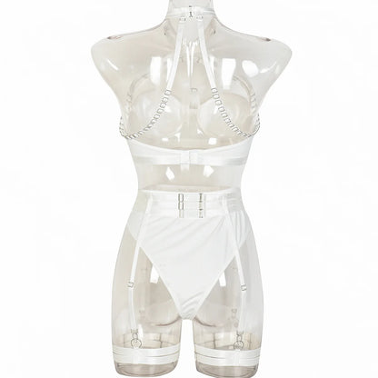 Conjunto de lencería sexy para mujer, con panel de encaje, escote en V profundo, glúteos abiertos, tirantes con forma de corazón de melocotón, cadena cruzada, liguero, ropa interior de tres piezas