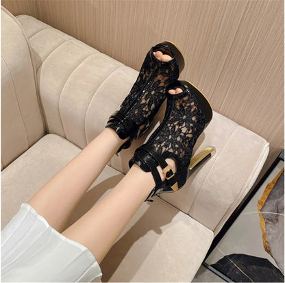 Hlieny Otoño Sexy Tela de Malla Plataforma Tacones Altos Botas Sandalias Mujer Peep Toe Club Nocturno Fiesta Stiletto Zapatos Femeninos