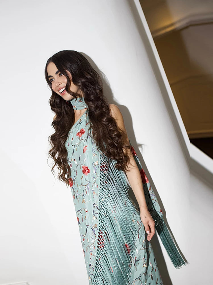 Vestidos elegantes de una pieza para mujer, sin mangas, con cuello tipo bufanda, espalda descubierta, estampado y borlas.