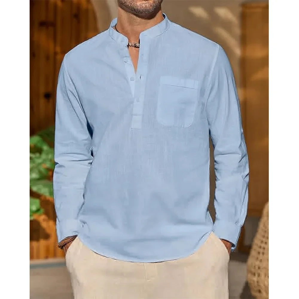 Camisa de manga larga para hombre, de algodón y lino, color liso, cuello Henley, estilo casual y moderno, ideal para el verano. Perfecta para el día a día.