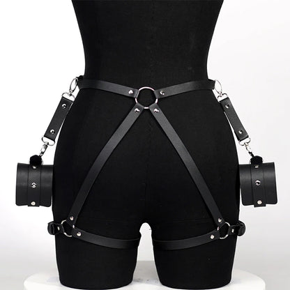 Liga de cuero BDSM, lencería gótica para rave, disfraz de adulto, vendaje, lencería de PU con trabillas para las piernas, ropa interior de talla grande con esposas