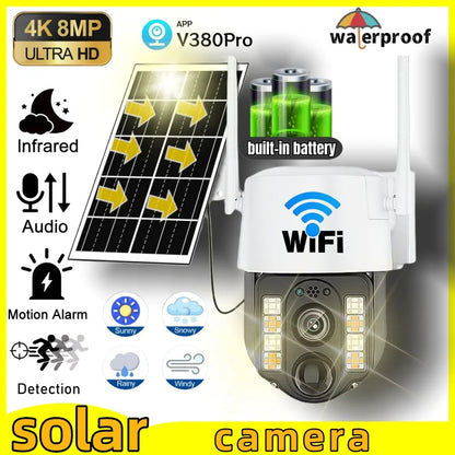 Cámara solar WiFi V380 Pro con zoom 10X, doble lente, resistente al agua, para exteriores, con protección IP, detección humana PIR y sistema de videovigilancia.