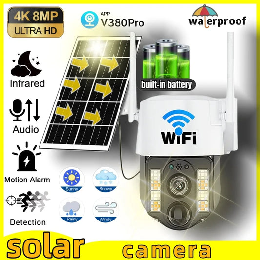 Cámara solar WiFi V380 Pro con zoom 10X, doble lente, resistente al agua, para exteriores, con protección IP, detección humana PIR y sistema de videovigilancia.