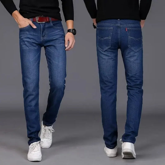 Pantalones vaqueros casuales para hombre, primavera otoño, corte entallado, estilo coreano, de marca moderna, que suavizan tu silueta.