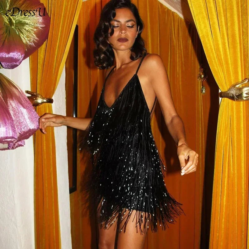 Leosoxs - Vestido mini ajustado con flecos, escote en V profundo, tirantes finos, borlas y espalda descubierta para mujer, estilo Gatsby, para cóctel o fiesta