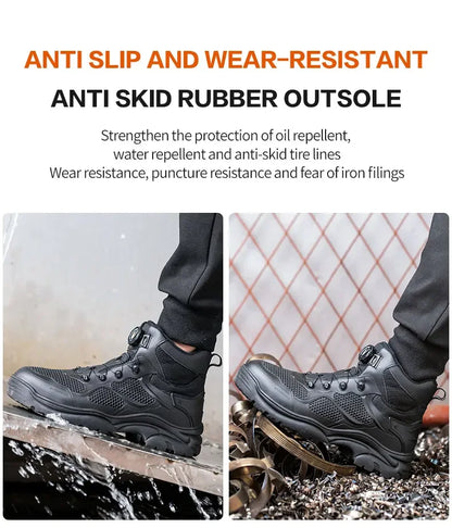Botas de trabajo con hebilla giratoria, zapatos de seguridad con punta de acero, zapatos de seguridad transpirables para hombre, zapatos indestructibles de marca, zapatos de trabajo a prueba de pinchazos.