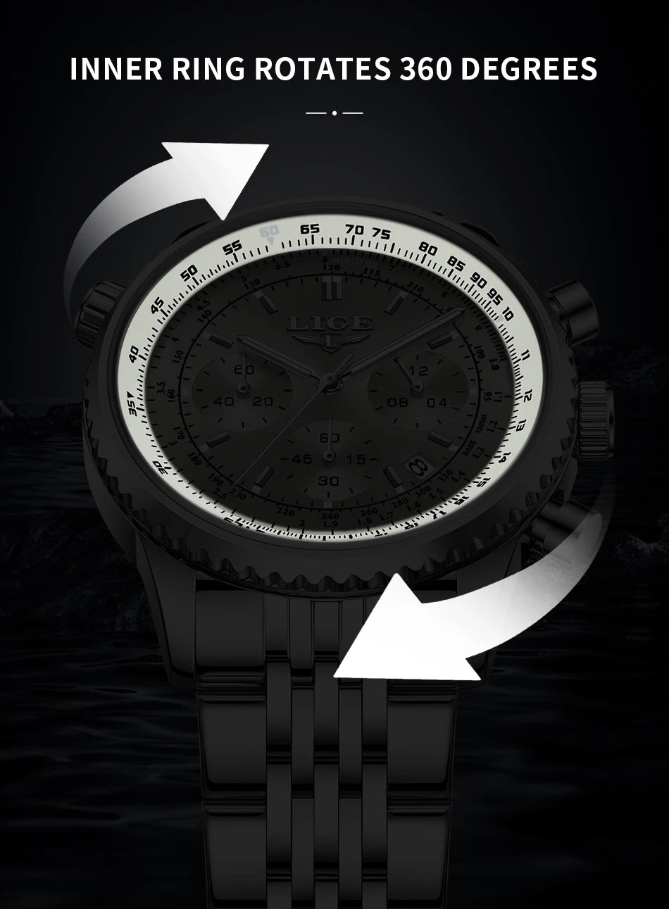 Relojes de lujo LIGE para hombre, cronógrafo con fecha, acero inoxidable, resistente al agua, luminoso, deportivo, militar, de cuarzo