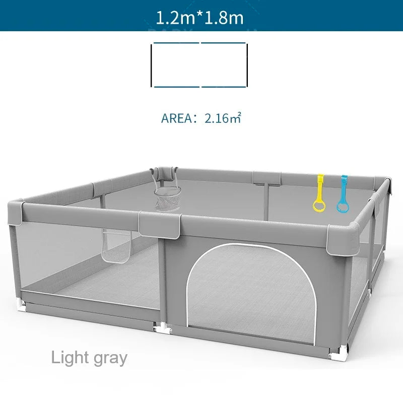 Corralito para bebés IMBABY gris claro con anilla de tiro, barrera de seguridad para niños, cerca y caja de pelota para juegos.