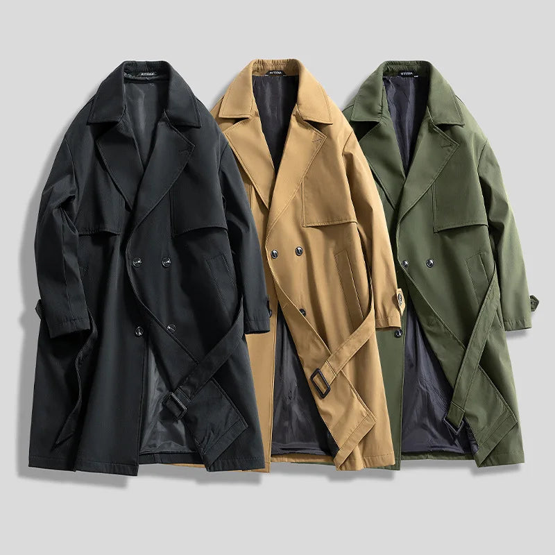 Gabardina larga de hombre, verde militar, corte ajustado, cruzada, con solapa de muesca, cortavientos, ideal para primavera y otoño, estilo casual para actividades al aire libre.