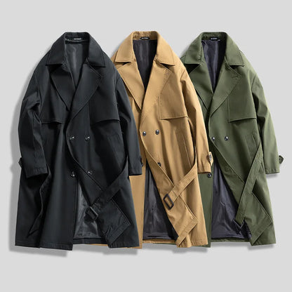 Gabardina larga de hombre, verde militar, corte ajustado, cruzada, con solapa de muesca, cortavientos, ideal para primavera y otoño, estilo casual para actividades al aire libre.