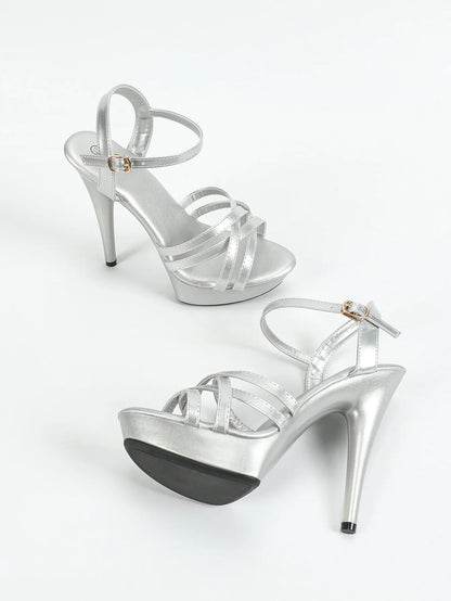 Zapatos de tacón alto para mujer, talla 43, con tiras finas, estilo pasarela, de 13 cm, con plataforma sólida, para fiesta y discoteca, color negro