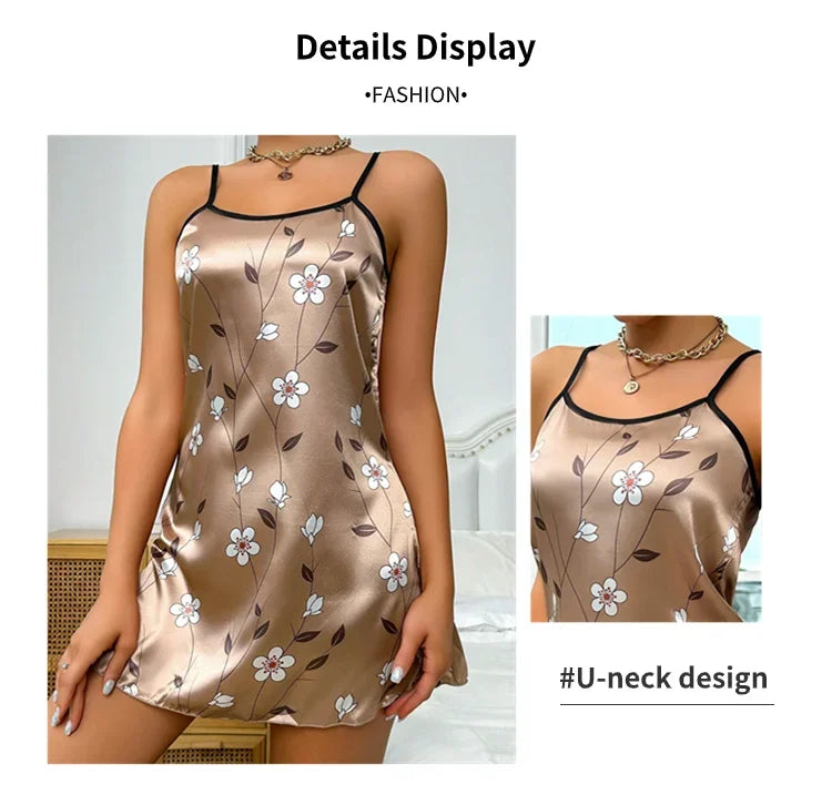 Camisón de satén con estampado floral para mujer, ropa de dormir informal sin mangas y sin espalda, sexy, para el hogar