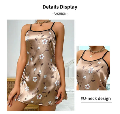 Camisón de satén con estampado floral para mujer, ropa de dormir informal sin mangas y sin espalda, sexy, para el hogar