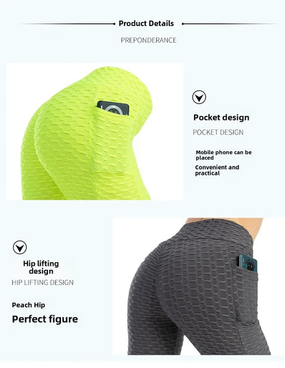 Leggings de cintura alta con efecto push-up de Amazon Europa, material de nylon, estampado jacquard, pantalones deportivos con bolsillo para mujer.