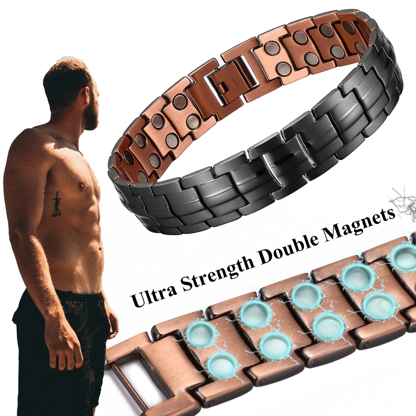 Pulseras magnéticas de cobre de alta resistencia para hombre con imanes de neodimio de doble fila, tamaño ajustable, ideal como regalo para parejas.