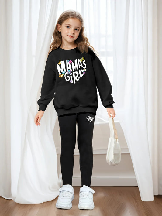 Conjunto de 2 piezas para niña "Mama'Sgirl" con sudadera de manga larga estampada y medias, cuello redondo versátil y cómodo para el hogar.