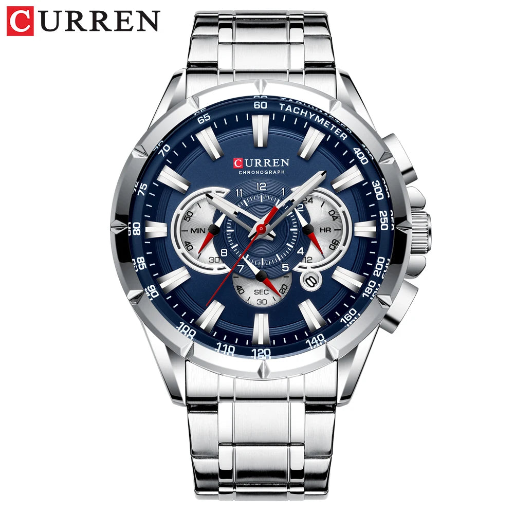 CURREN - Nuevo reloj deportivo informal con cronógrafo para hombre, correa de acero inoxidable, reloj de pulsera de cuarzo con esfera grande y punteros luminosos
