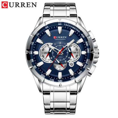 CURREN - Nuevo reloj deportivo informal con cronógrafo para hombre, correa de acero inoxidable, reloj de pulsera de cuarzo con esfera grande y punteros luminosos