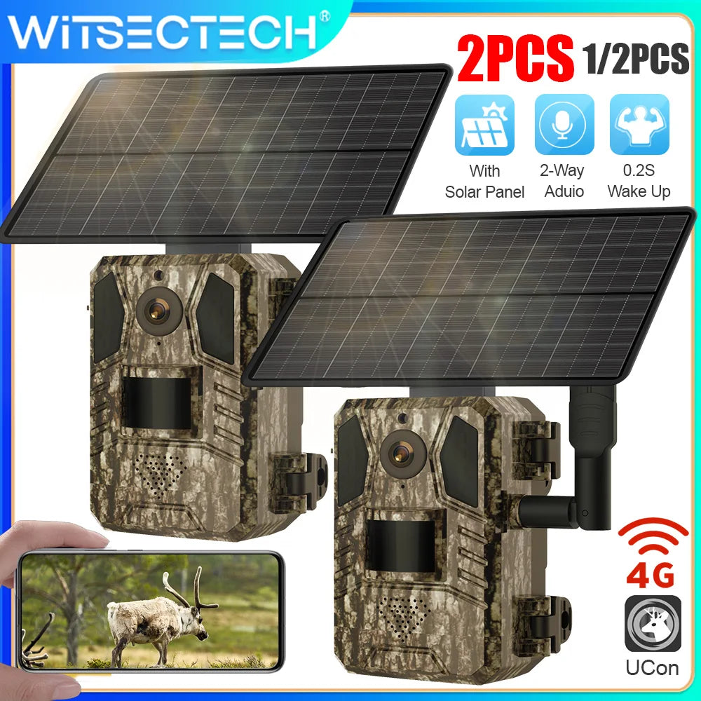 1/2 cámara de rastreo celular UCon 4G 2K con energía solar, activación por movimiento (0,2 s), visión nocturna.