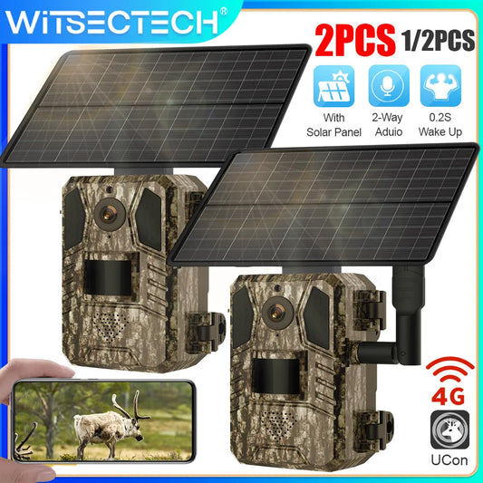 1/2 cámara de rastreo celular UCon 4G 2K con energía solar, activación por movimiento (0,2 s), visión nocturna.