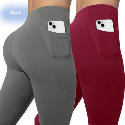 Leggings de yoga para mujer, 2 unidades, con bolsillos, color liso, para gimnasio, actividades al aire libre, cintura alta, ajustados, pantalones deportivos para correr.
