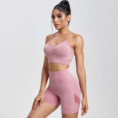 Conjuntos de dos piezas para mujer, pantalones cortos color melocotón, chándal femenino, conjunto de gimnasio, pantalones cortos de fitness con cuello halter, sujetador push up de verano