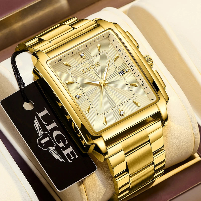 LIGE - Reloj de negocios de moda para hombre, cuadrado, deportivo, resistente al agua, marca superior, de lujo, militar, de cuarzo, cronógrafo de pulsera
