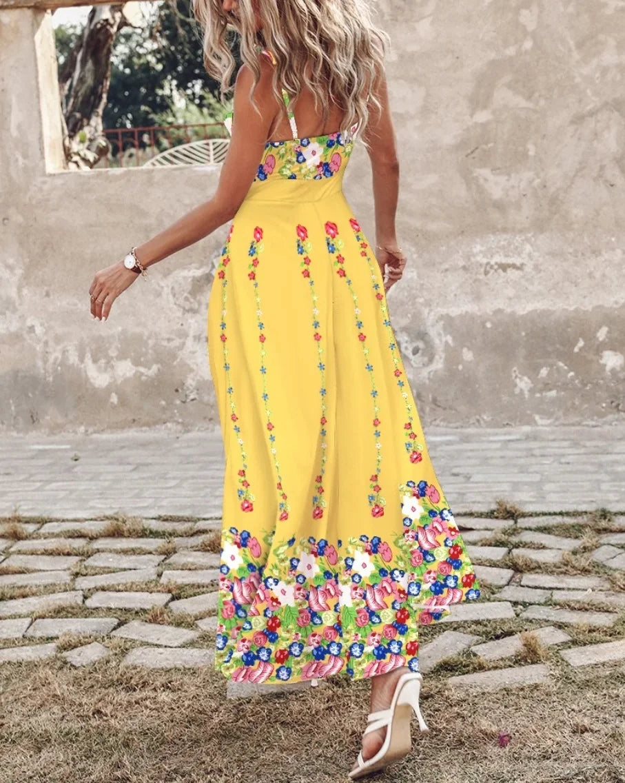 Boho Beach Sexy New Long Dresses Women Fashion Floral Print V-Neck Slim Sleeveless Backless Beach Maxi White Dress Elegant Robe