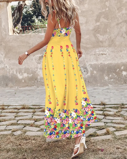 Boho Beach Sexy New Long Dresses Women Fashion Floral Print V-Neck Slim Sleeveless Backless Beach Maxi White Dress Elegant Robe