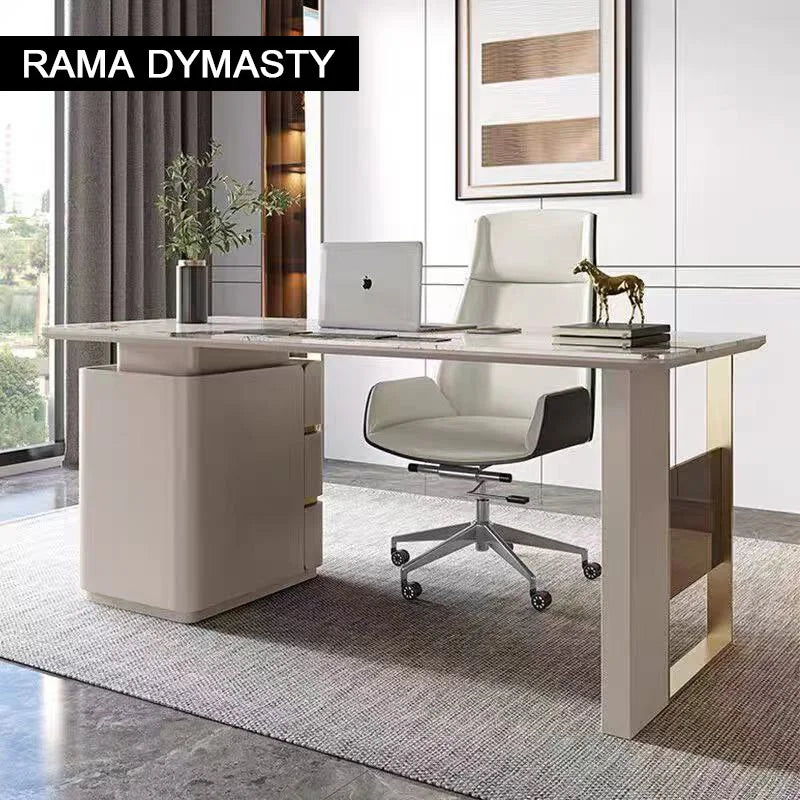Escritorio beige moderno de madera con 3 cajones y pedestal doble para oficina en casa