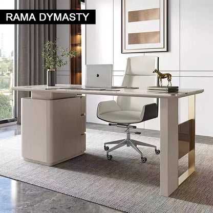 Escritorio beige moderno de madera con 3 cajones y pedestal doble para oficina en casa