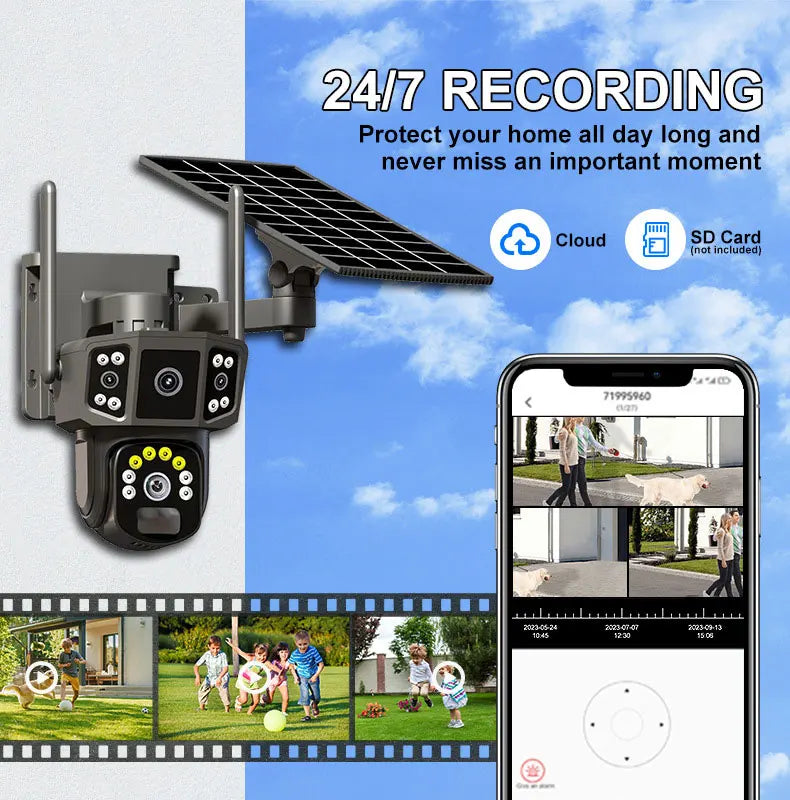 Cámara de seguridad inalámbrica 6K de 12 MP con movimiento horizontal y vertical; cámara IP WiFi para exteriores de 5 MP con SIM 4G, alimentación solar/batería; cámaras de vigilancia PT de 3 MP.
