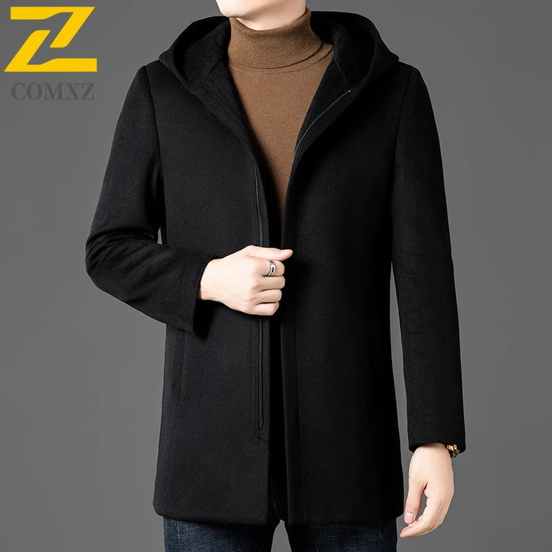 Abrigo largo de lana para hombre COMXZ, colección invierno 2025, gabardina de cachemir de diseño, chaqueta con capucha y forro de plumón de pato blanco, abrigo de lana de lujo
