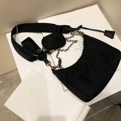 Bolso de hombro tipo hobo informal de nailon impermeable para mujer, moderno, con cadena negra decorativa, cruzado hasta la axila con monedero pequeño