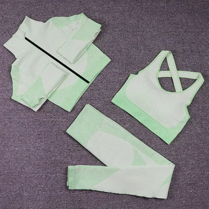 Conjunto de 3 piezas de yoga sin costuras, chaleco deportivo de fitness, pantalones de cintura alta que levantan la cadera, ropa de entrenamiento, conjunto de leggings de gimnasio para mujer