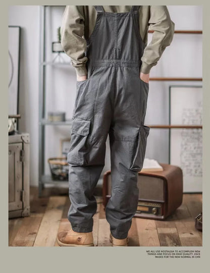 Retro American Cotton Overalls Bibs Loose Washing Jumpsuit Men's Suspenders Four Seasons Full Length Baggy Pants