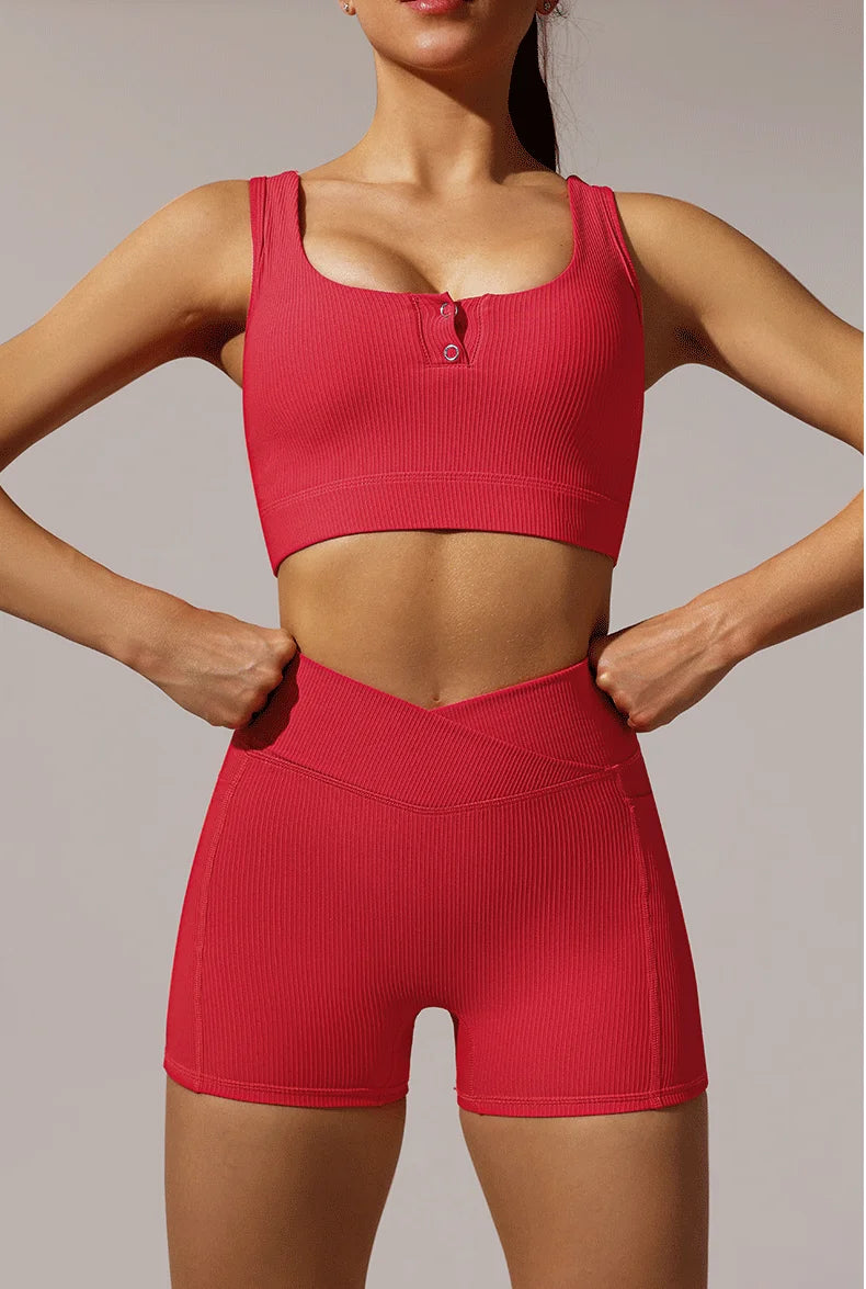Conjunto de yoga y fitness para mujer, sujetador deportivo con cintura cruzada, mallas y pantalones cortos, ropa deportiva para mujer, conjuntos de entrenamiento, ropa para correr, fitness y gimnasio.