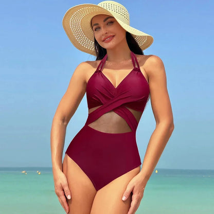 2024 Women One Pieces Solid Swimsuits Sexy Swimwear Bathing Suits Rib Mesh V-neck Swimsuit Bathing Suit Beach Pool Bather