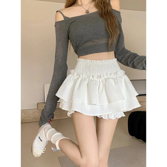 Falda negra con volantes para mujer, cintura alta, adelgazante, corte A, minimalista, estilo ballet, para verano, pantalones cortos antiexposición.