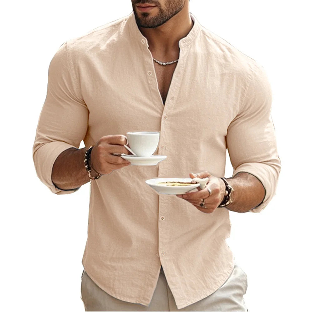 Camisas Henry para hombre, de algodón y lino, corte ajustado, informales, hawaianas, de color liso, estilo básico, para primavera y verano, transpirables.