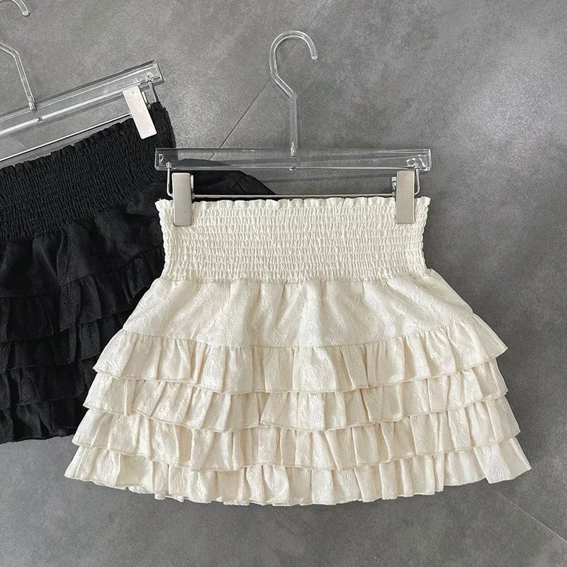 Minifaldas con volantes para mujer, estilo kawaii, de cintura alta, con encaje, estilo coreano, color negro, para verano