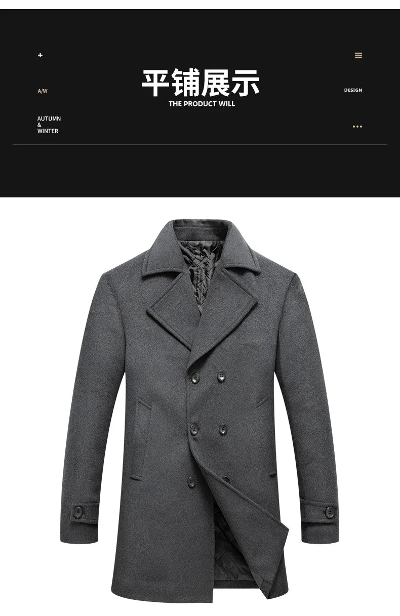 Abrigo cruzado para hombre, estilo marinero, chaqueta de lana, solapa larga, gabardina, cortavientos de invierno, moda masculina