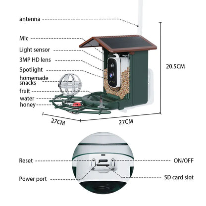 Cámara para comedero de pájaros 4MP 2K HD, captura de vídeo de aves, WiFi, alimentación solar, visión nocturna, observación de aves, alertas instantáneas
