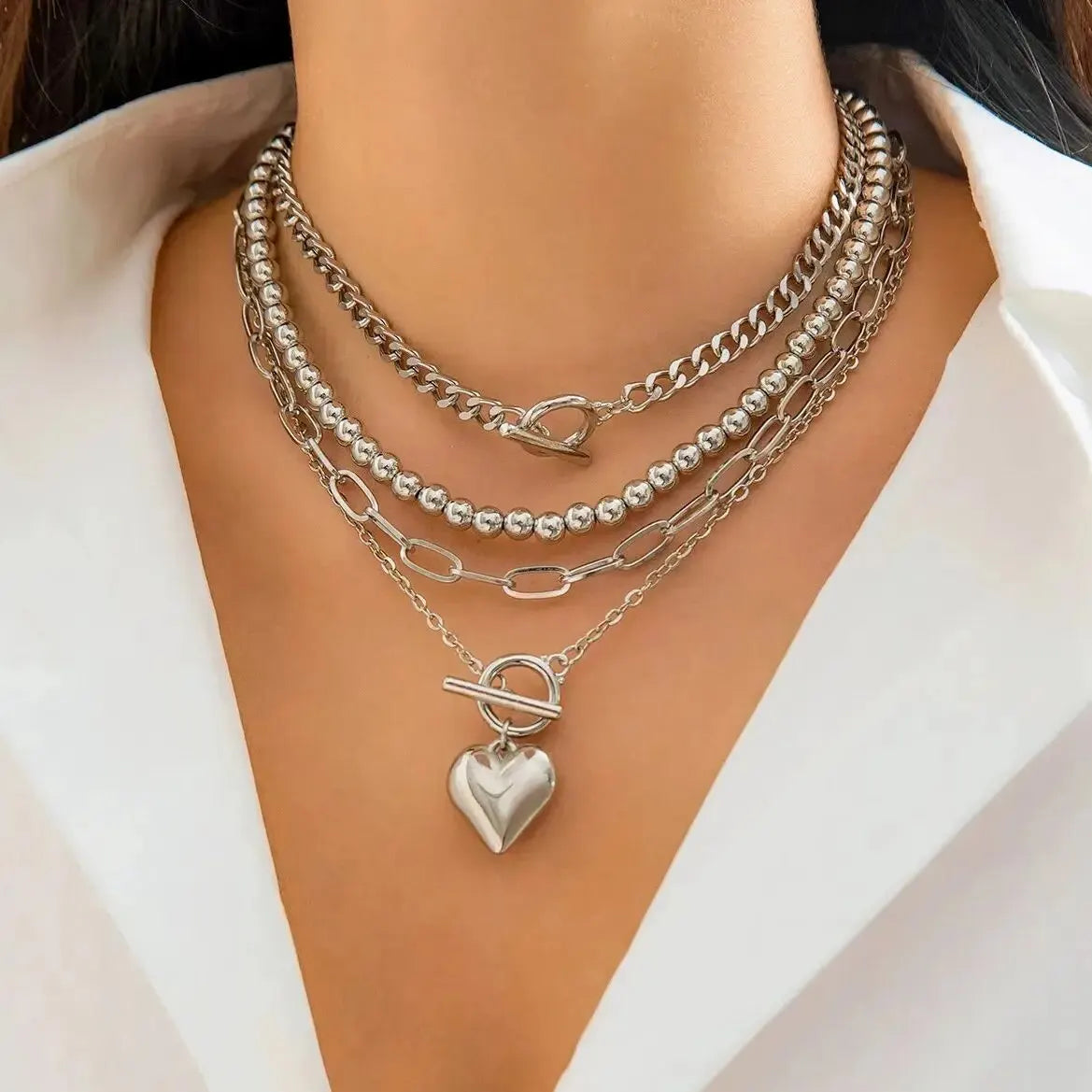 Juego de 4 collares con colgante de corazón estilo punk dorado para mujer, gargantilla de cadena con cuentas y hebilla OT, accesorios de joyería Y2K 2024