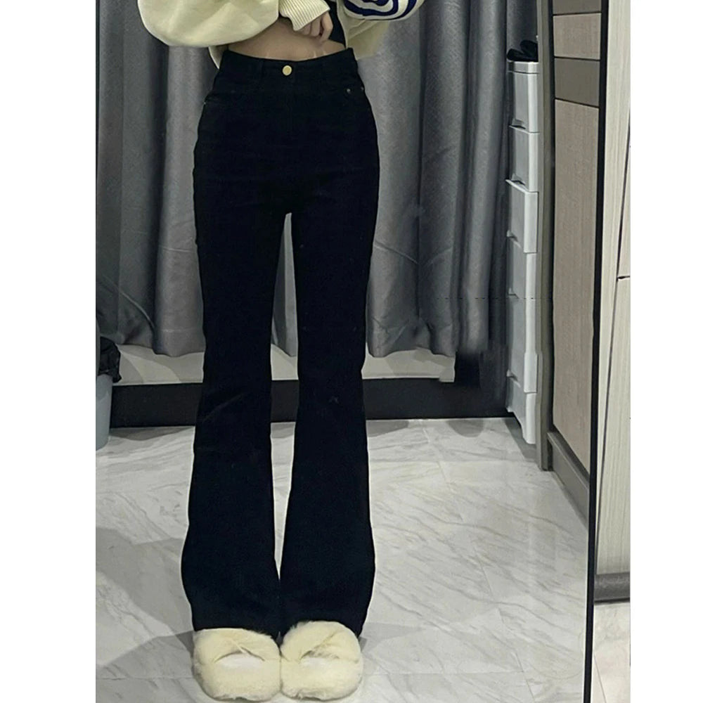 Pantalones vaqueros negros acampanados coreanos para mujer, pantalones vaqueros vintage Y2K de cintura alta, ajustados, elásticos, altos y delgados, informales, lisos, para mujer