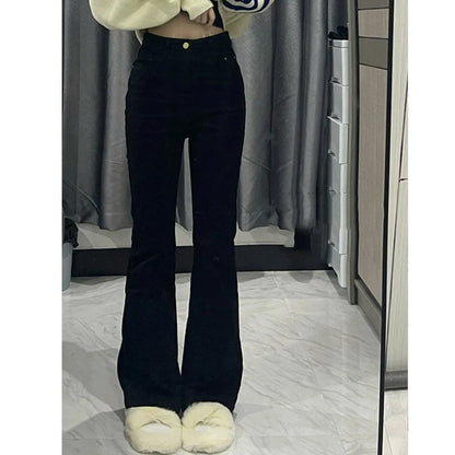 Pantalones vaqueros negros acampanados coreanos para mujer, pantalones vaqueros vintage Y2K de cintura alta, ajustados, elásticos, altos y delgados, informales, lisos, para mujer