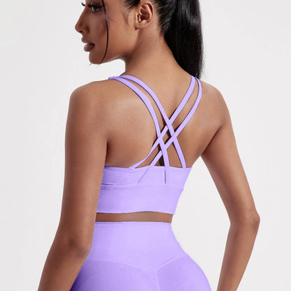 Sujetador deportivo de color sólido con espalda cruzada para mujer, de alta resistencia, ajustado, para entrenamiento integral, ropa interior de yoga y gimnasio con almohadilla para el pecho