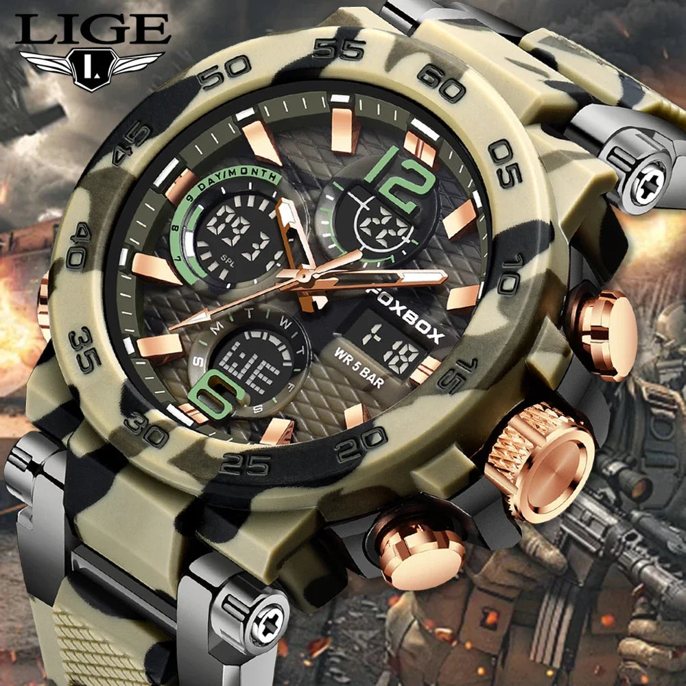 Reloj militar digital LIGE para hombre, resistente al agua hasta 50 m, LED, de cuarzo, deportivo, grande, Masculino